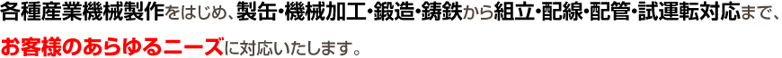 各種産業機械製作をはじめ、製缶・機械加工・鍛造・鋳鉄から組立・配線・配管・試運転対応まで、お客様のあらゆるニーズに対応いたします。